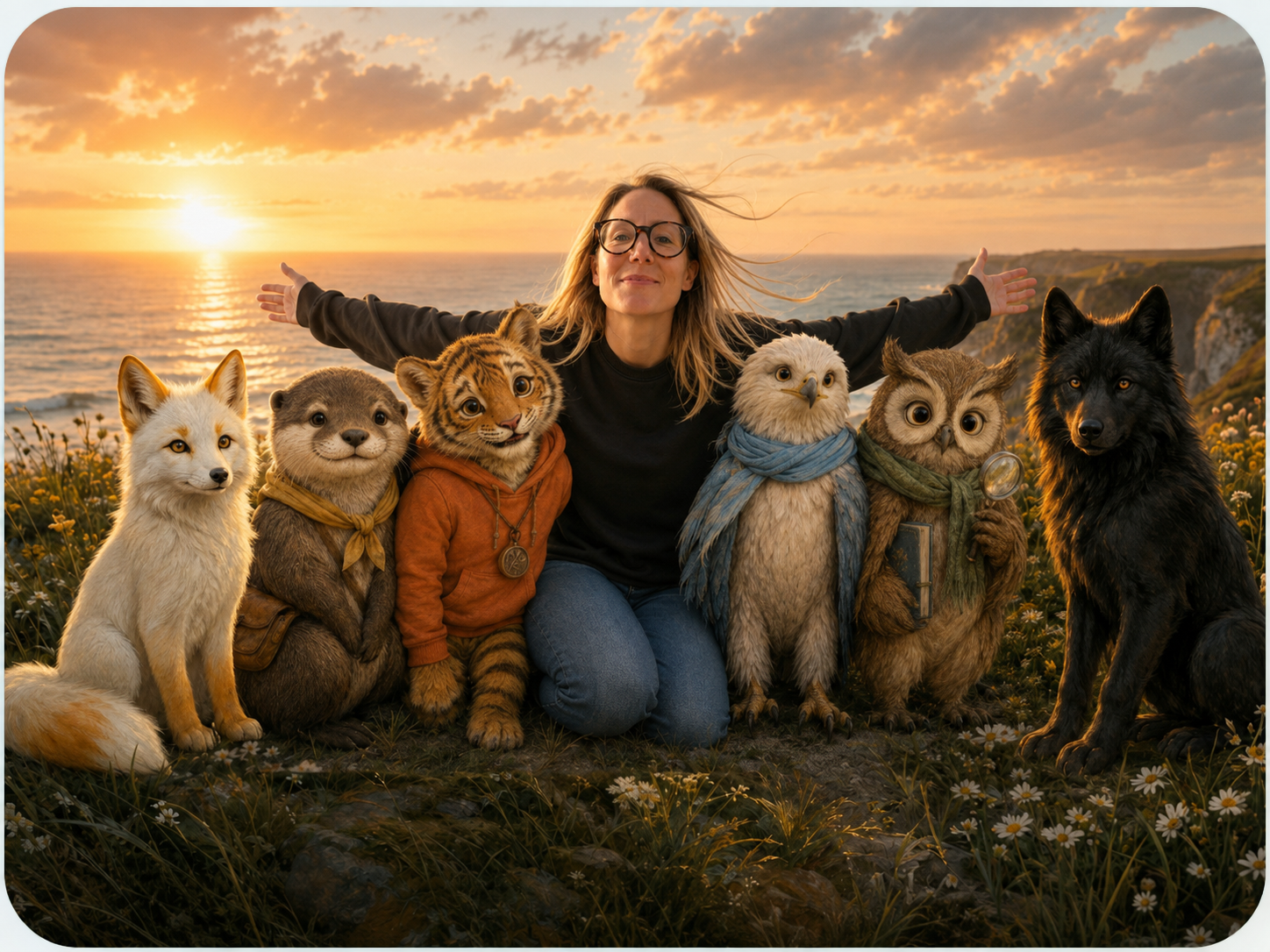 Emma and the Breathing Space Crew together with children and animal friends on a sunlit beach