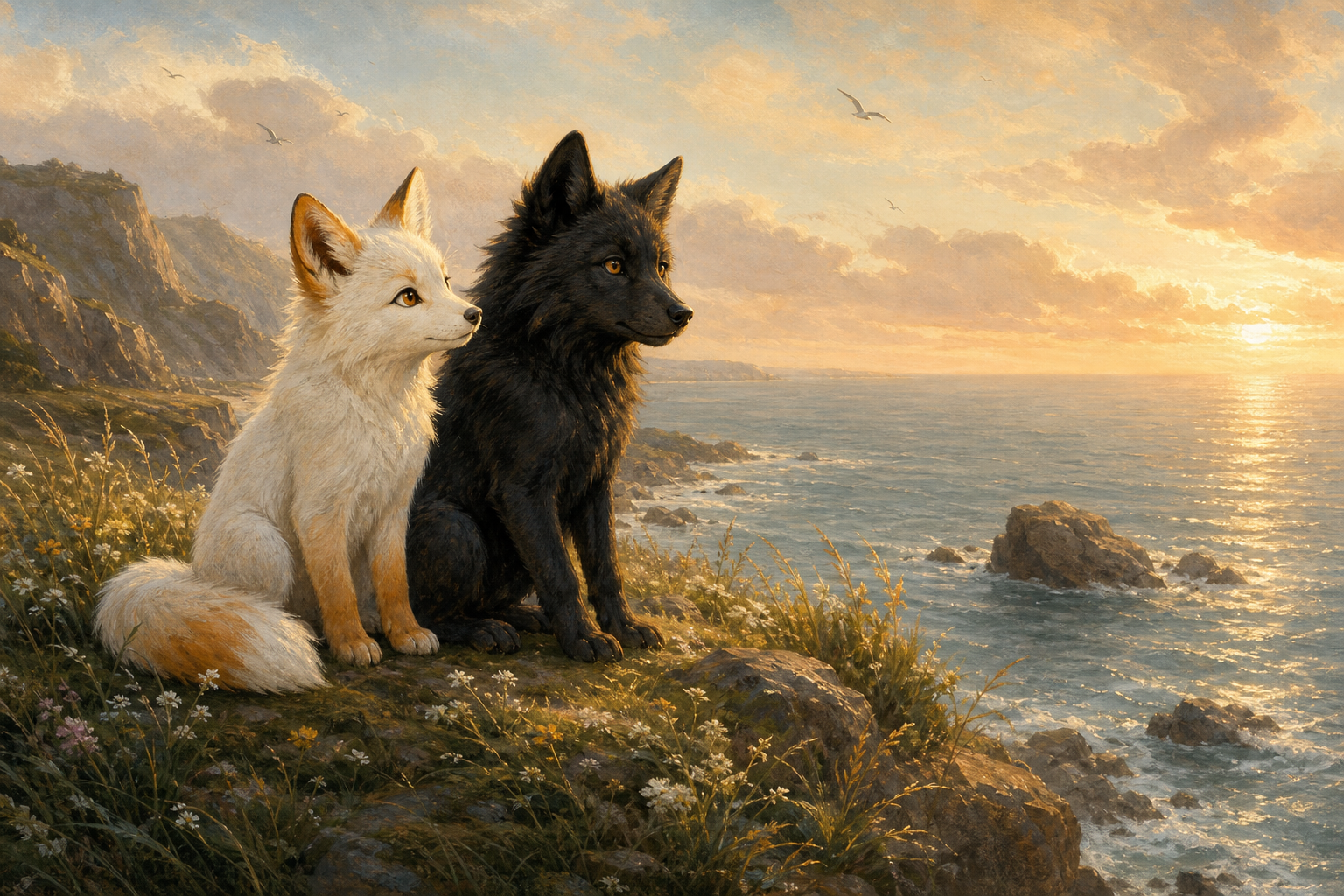 Fenn the Fox and Willow the Wolf sitting together at sunset on a coastal cliff