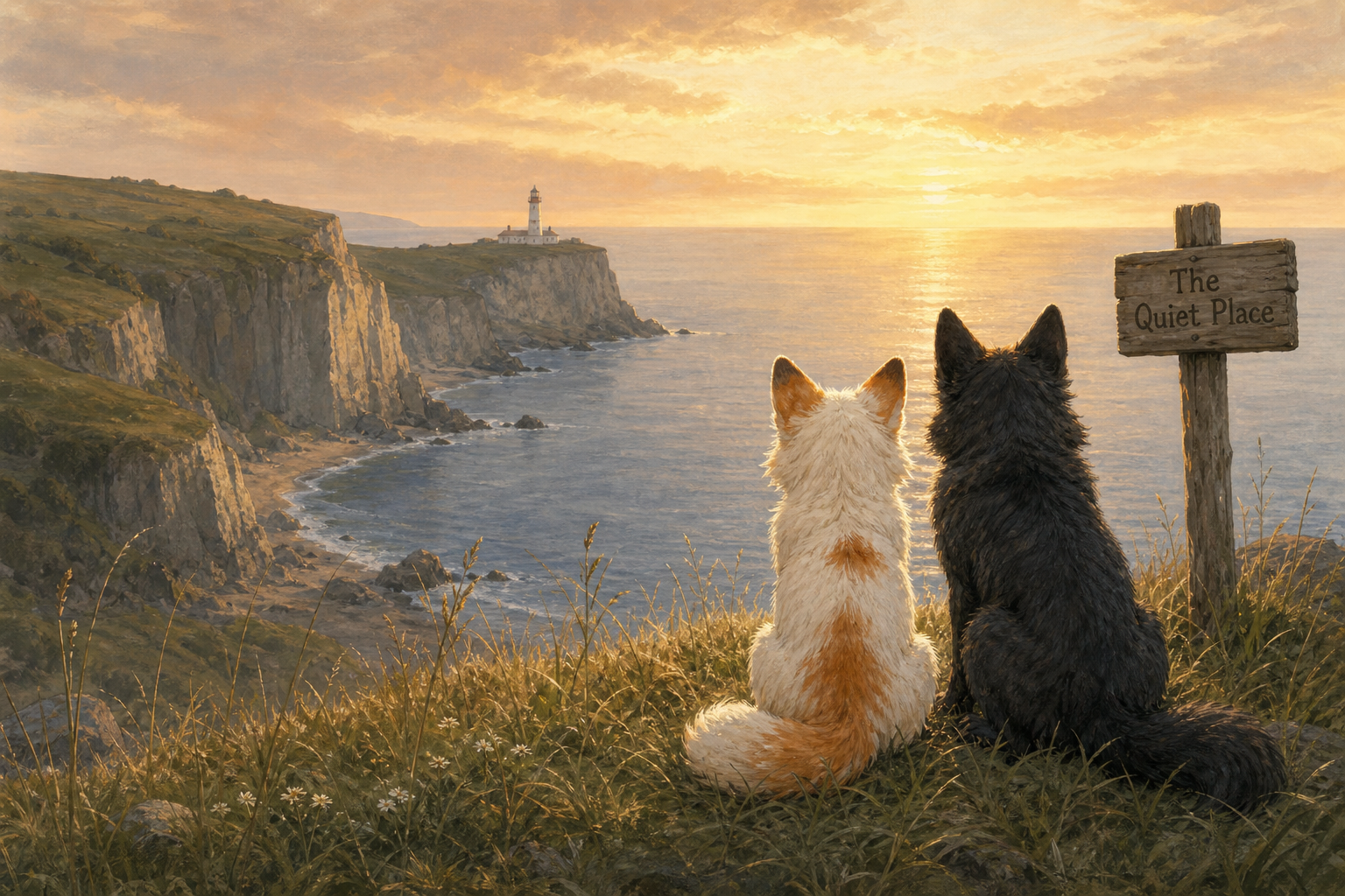 Fenn the Fox and Willow the Wolf sitting on a cliff at golden hour, with a lighthouse and The Quiet Place sign